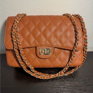 Cognac Quilted Leather Shoulder Bag with Gold Chain